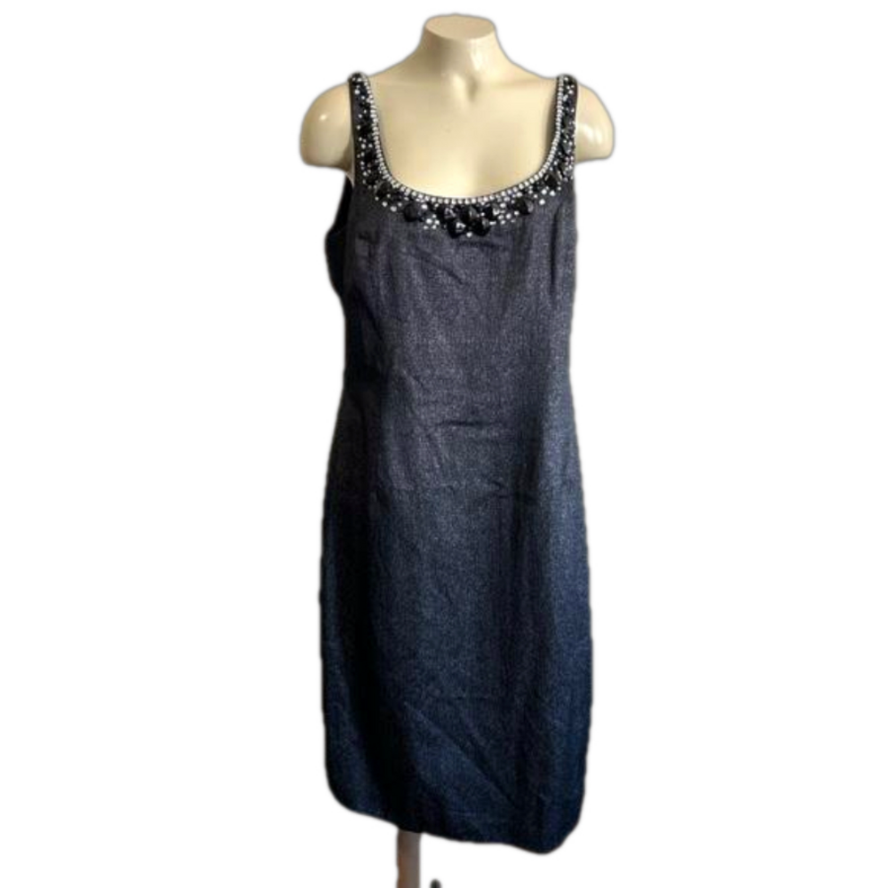 Carmen Marc Valvo beaded neck evening metallic sheath dress SZ 14
